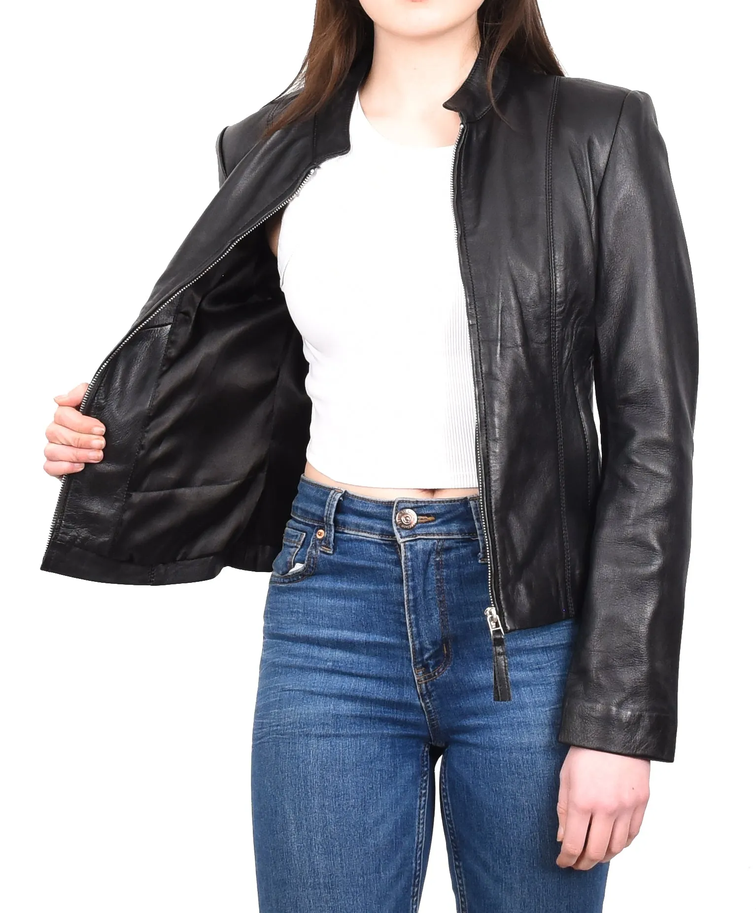 Women's Casual Zip up Genuine Leather Biker Jacket Black Fern