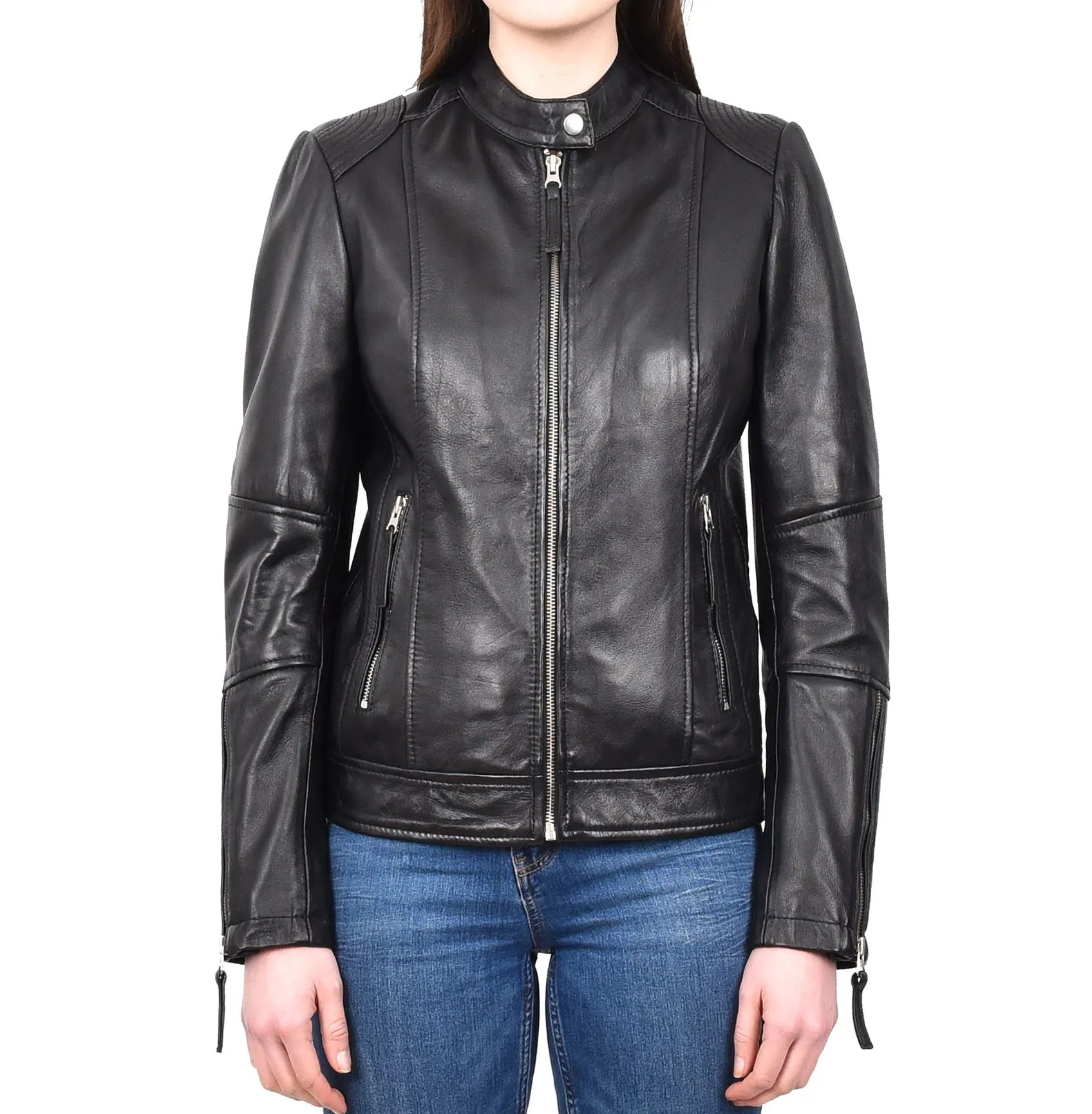 Women's Casual Zip up Genuine Leather Biker Jacket Black Fern