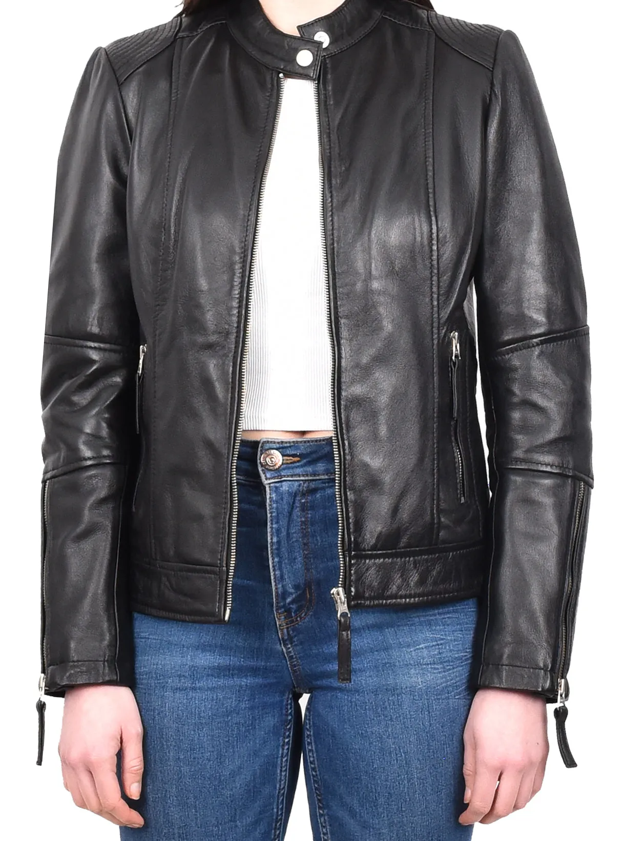 Women's Casual Zip up Genuine Leather Biker Jacket Black Fern