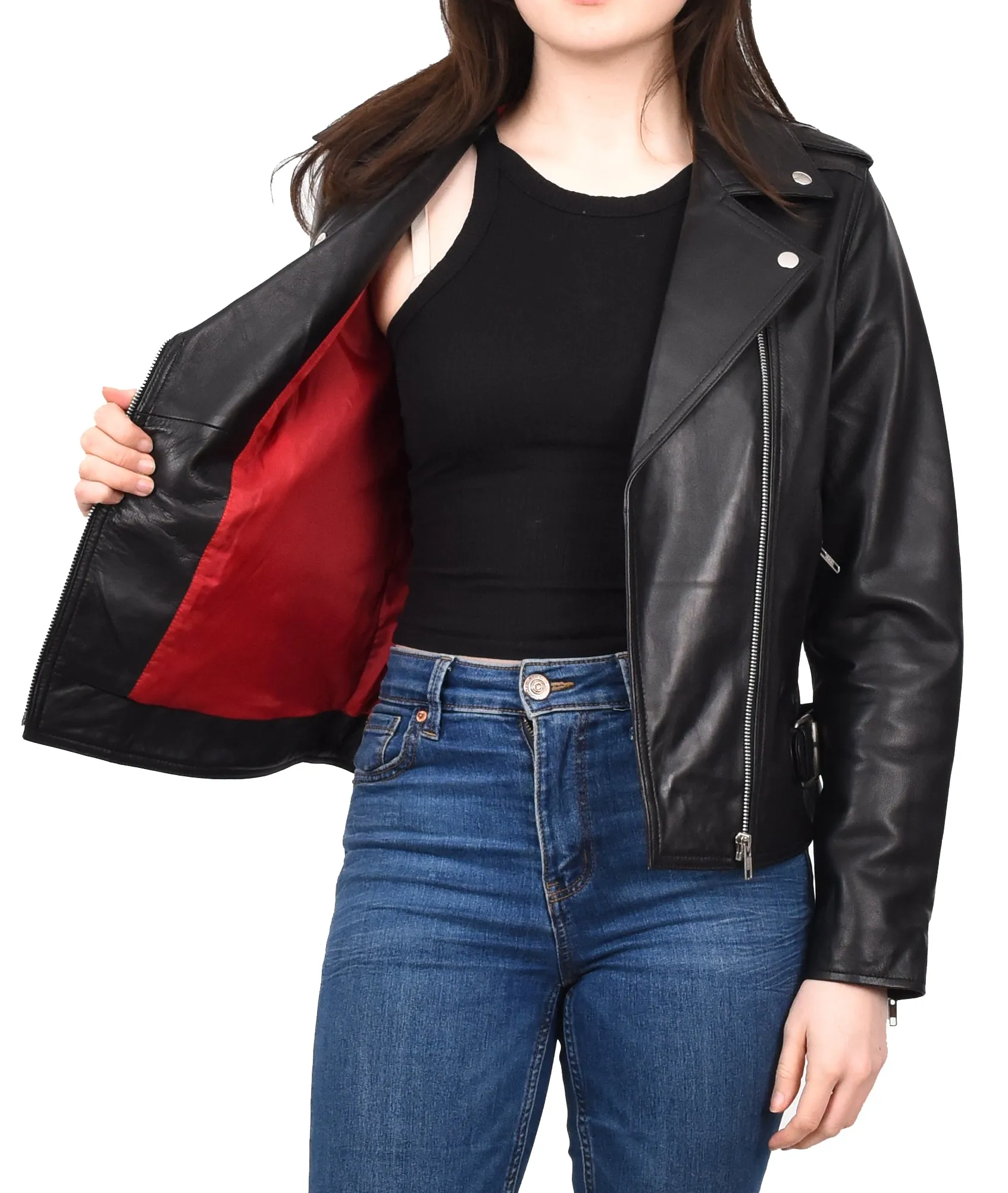 Women's Chic Biker Fitted Real Leather Jacket Black Astralix