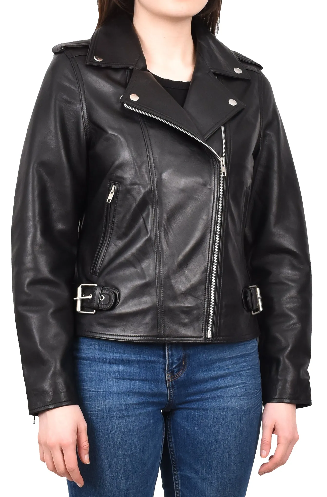 Women's Chic Biker Fitted Real Leather Jacket Black Astralix