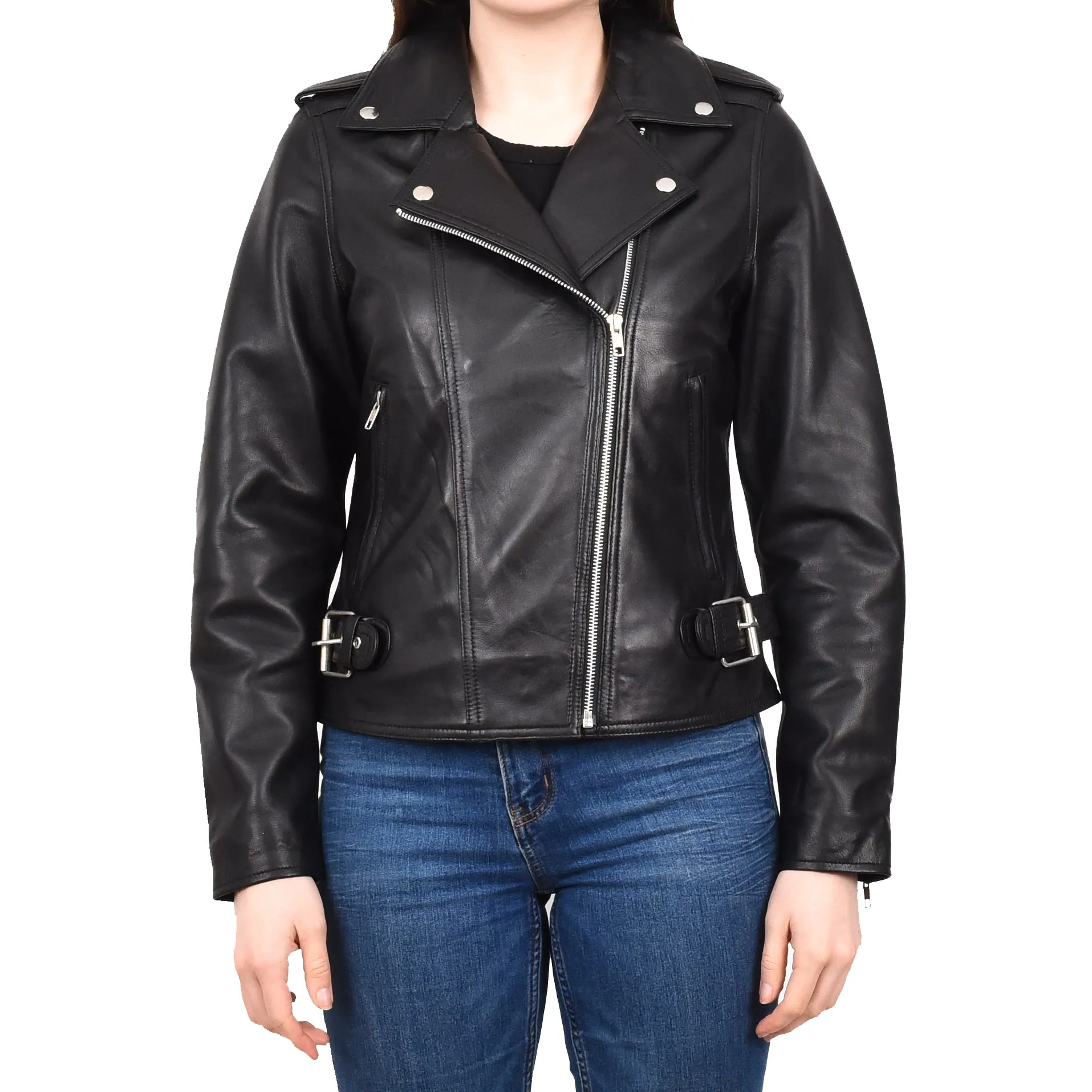 Women's Chic Biker Fitted Real Leather Jacket Black Astralix