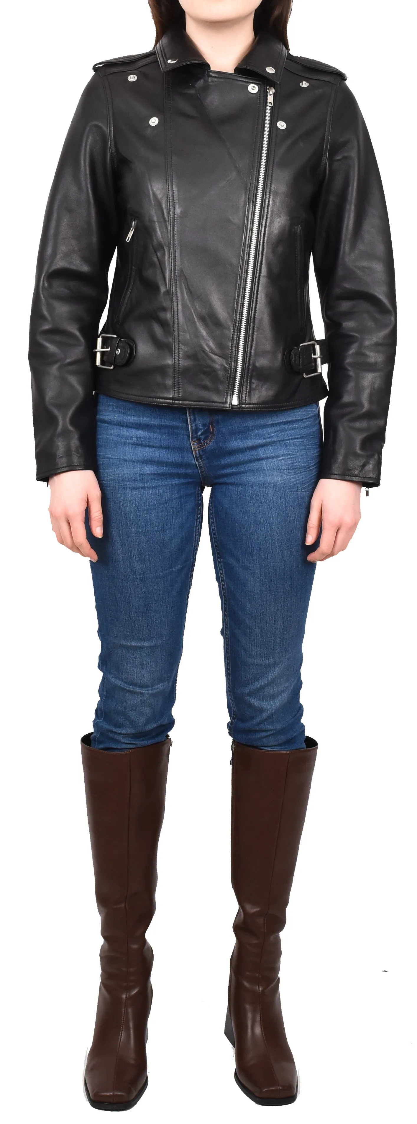 Women's Chic Biker Fitted Real Leather Jacket Black Astralix