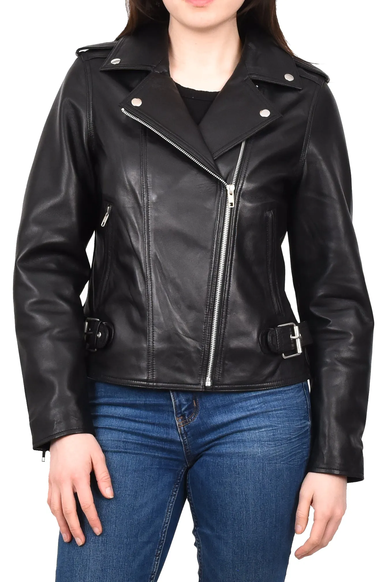 Women's Chic Biker Fitted Real Leather Jacket Black Astralix