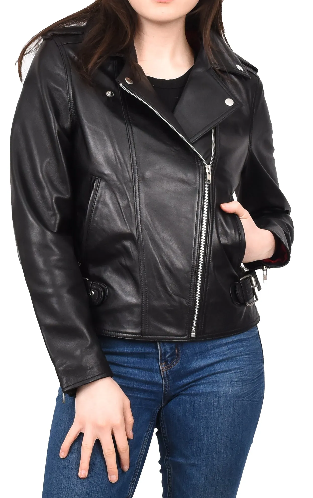 Women's Chic Biker Fitted Real Leather Jacket Black Astralix