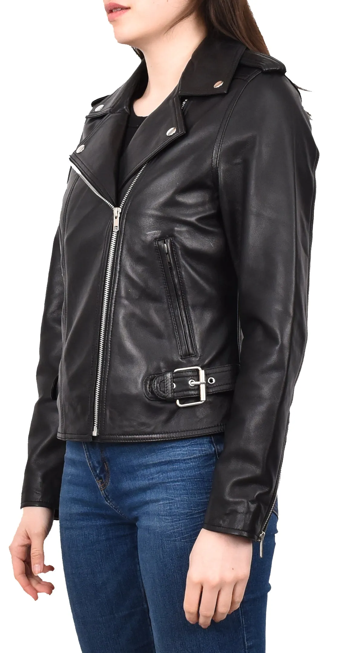 Women's Chic Biker Fitted Real Leather Jacket Black Astralix