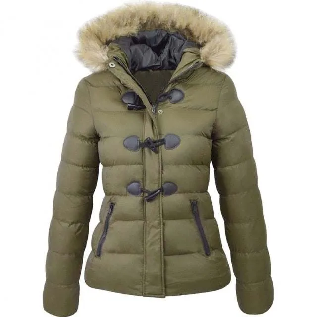 Women's Parkas Winter Jacket Warm Casual Fur Collar Horn Buckle Jackets