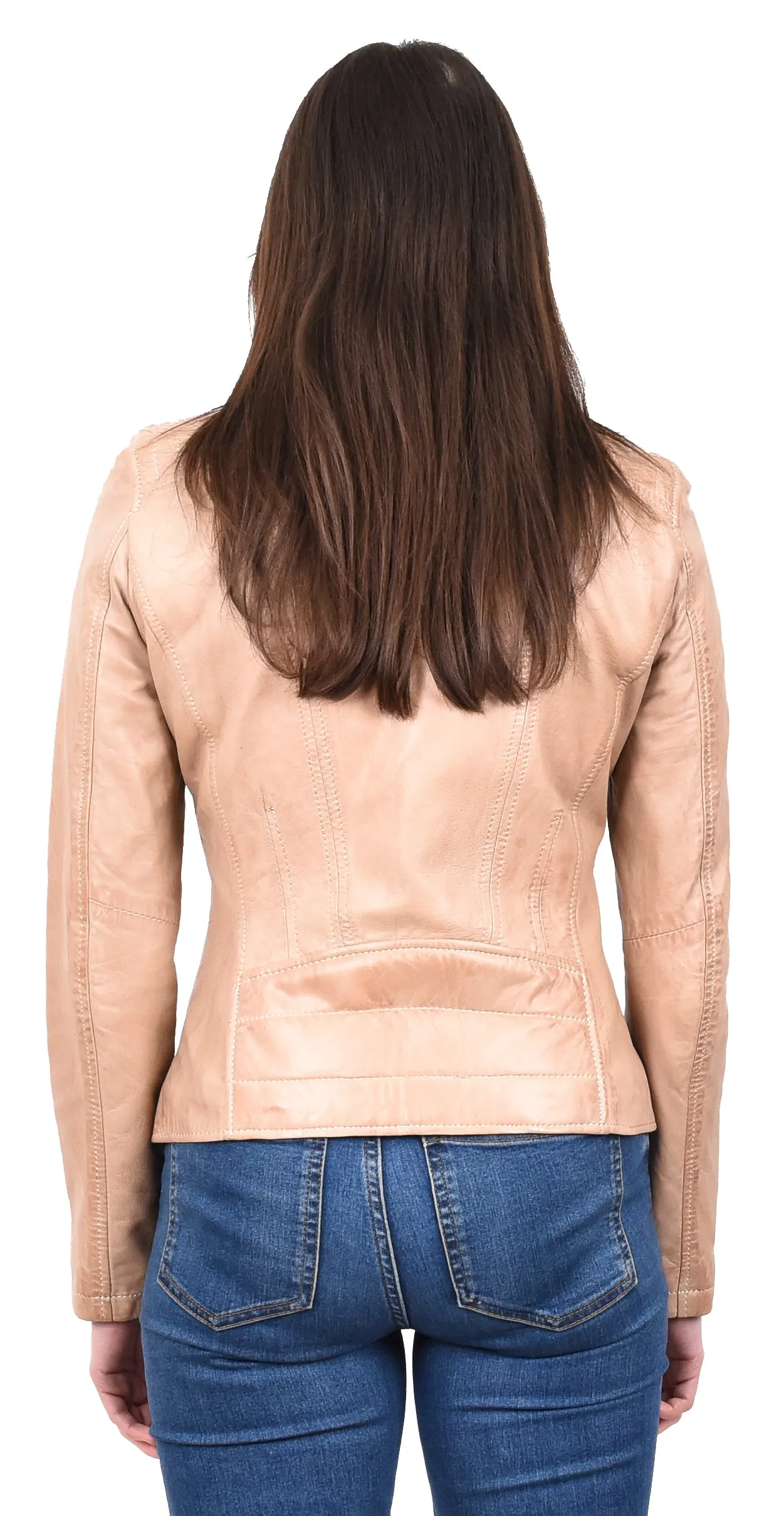 Women's Real Leather Classic Biker Jacket Beige Bikera