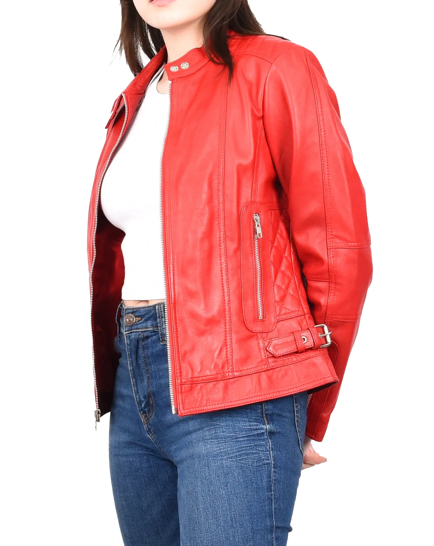 Women's Real Leather Fitted Motorbike Biker Jacket Red Ridebrave