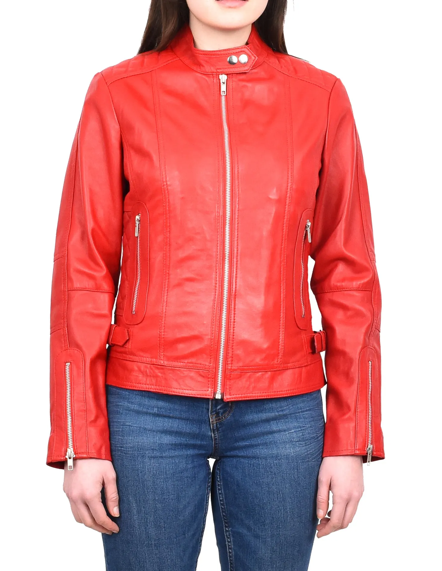 Women's Real Leather Fitted Motorbike Biker Jacket Red Ridebrave