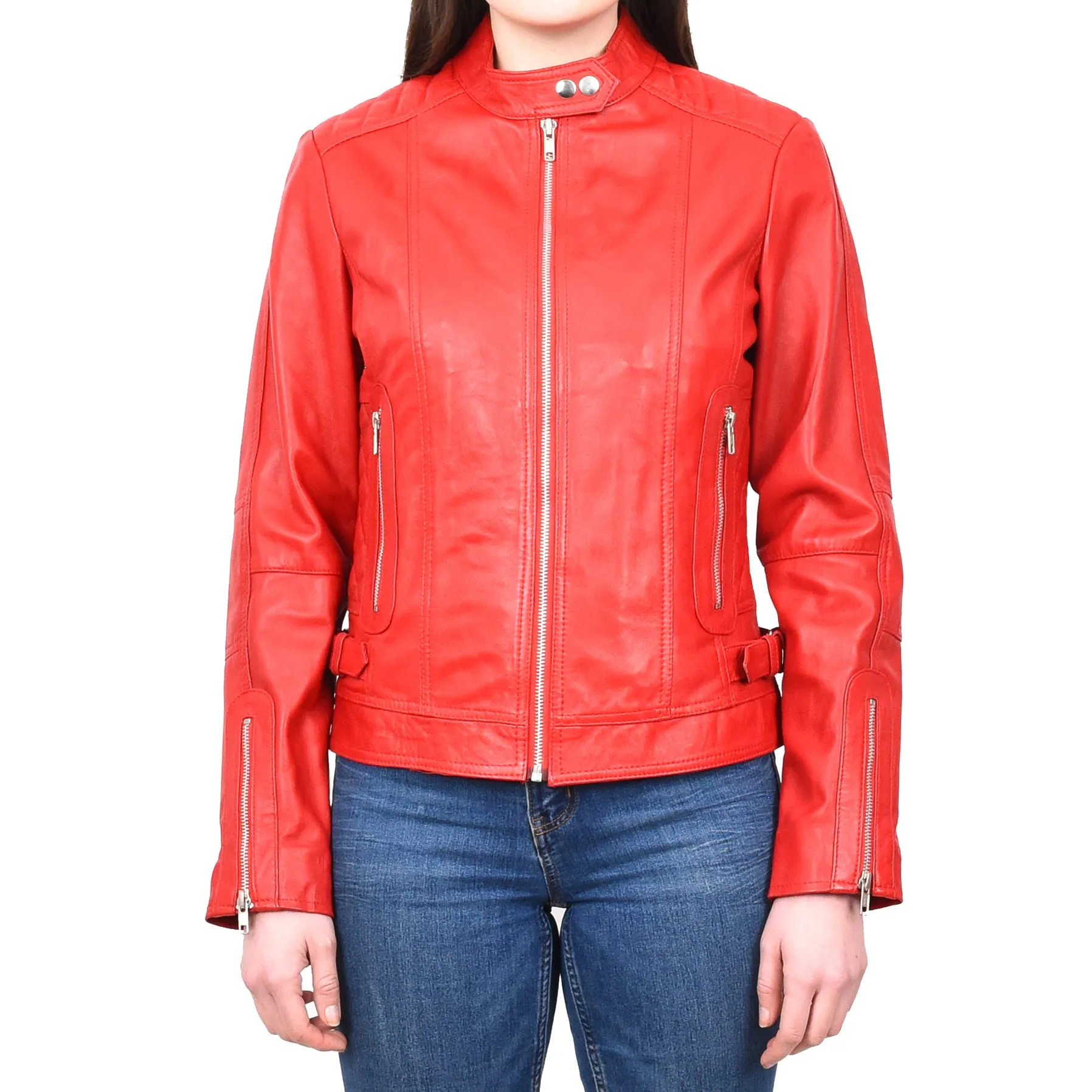 Women's Real Leather Fitted Motorbike Biker Jacket Red Ridebrave