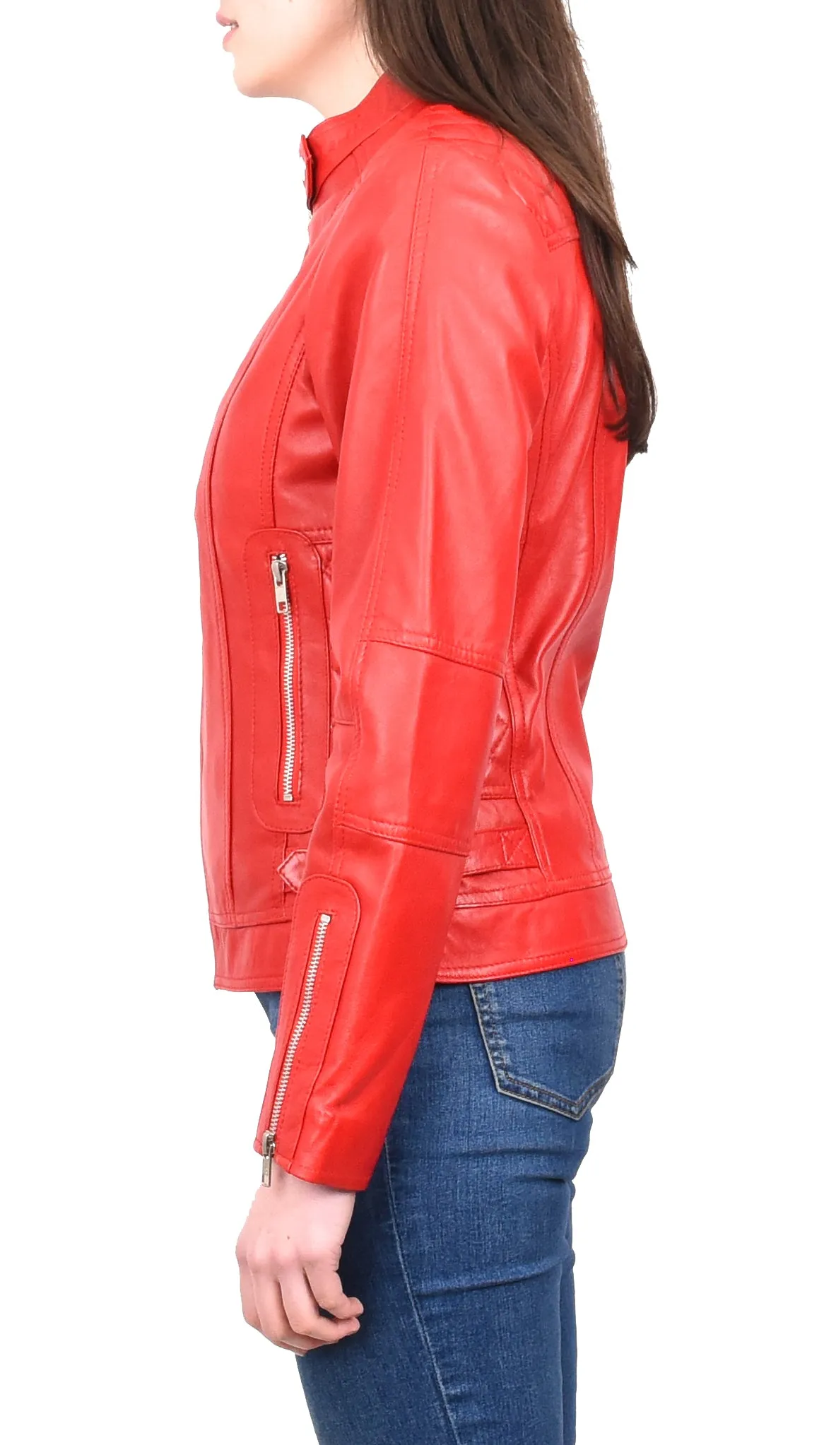 Women's Real Leather Fitted Motorbike Biker Jacket Red Ridebrave
