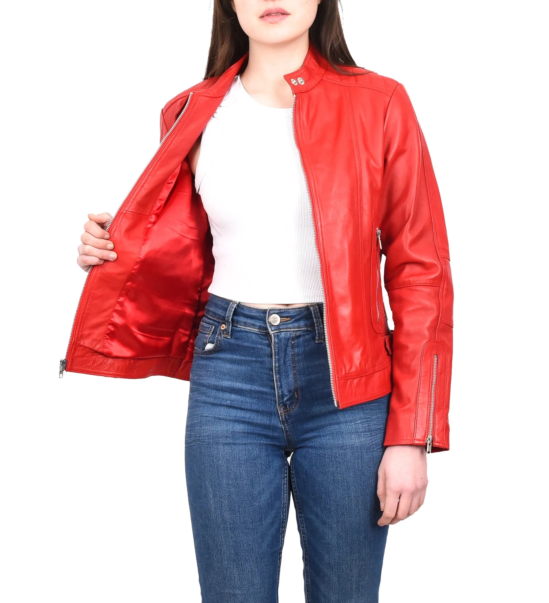 Women's Real Leather Fitted Motorbike Biker Jacket Red Ridebrave