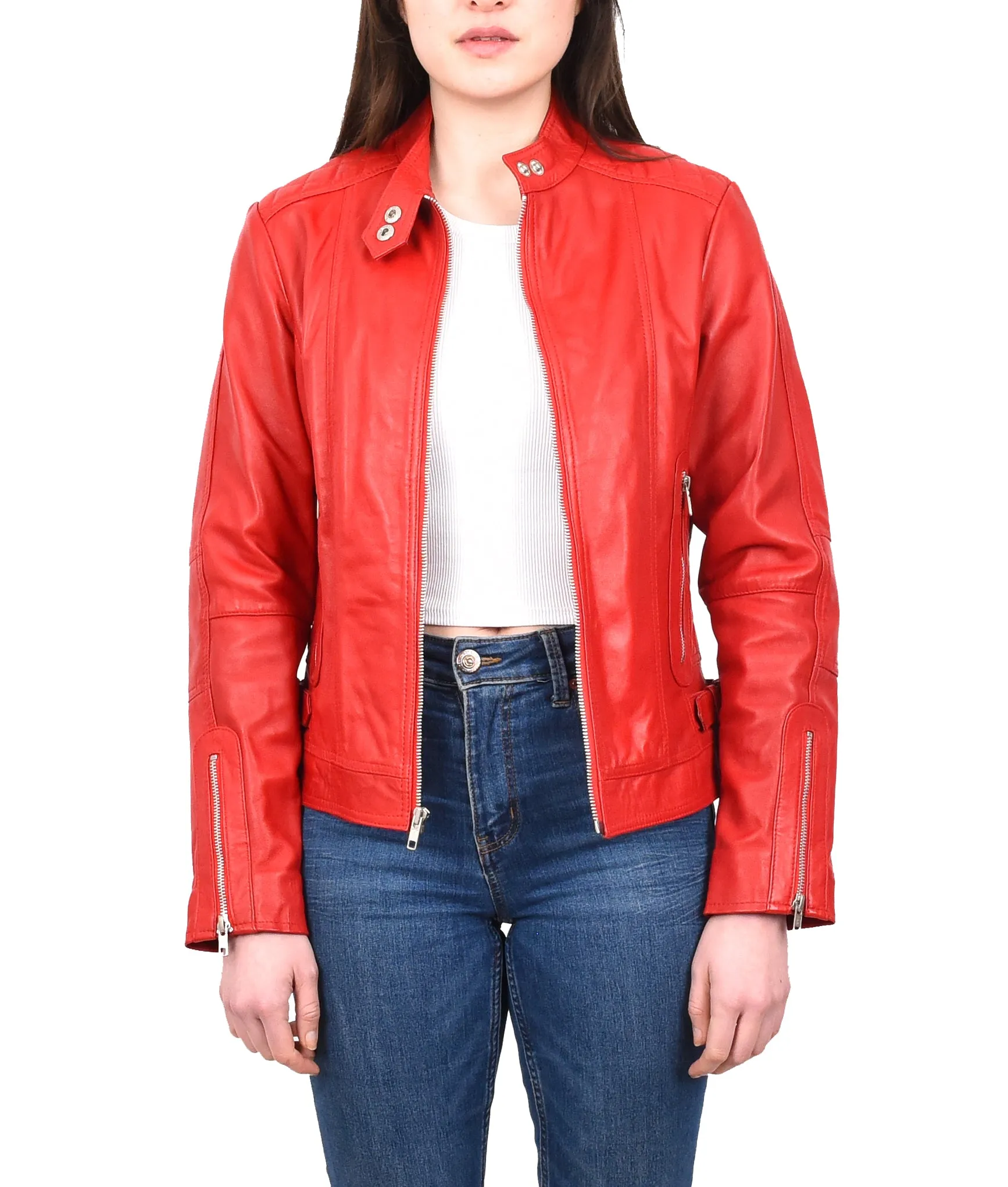 Women's Real Leather Fitted Motorbike Biker Jacket Red Ridebrave