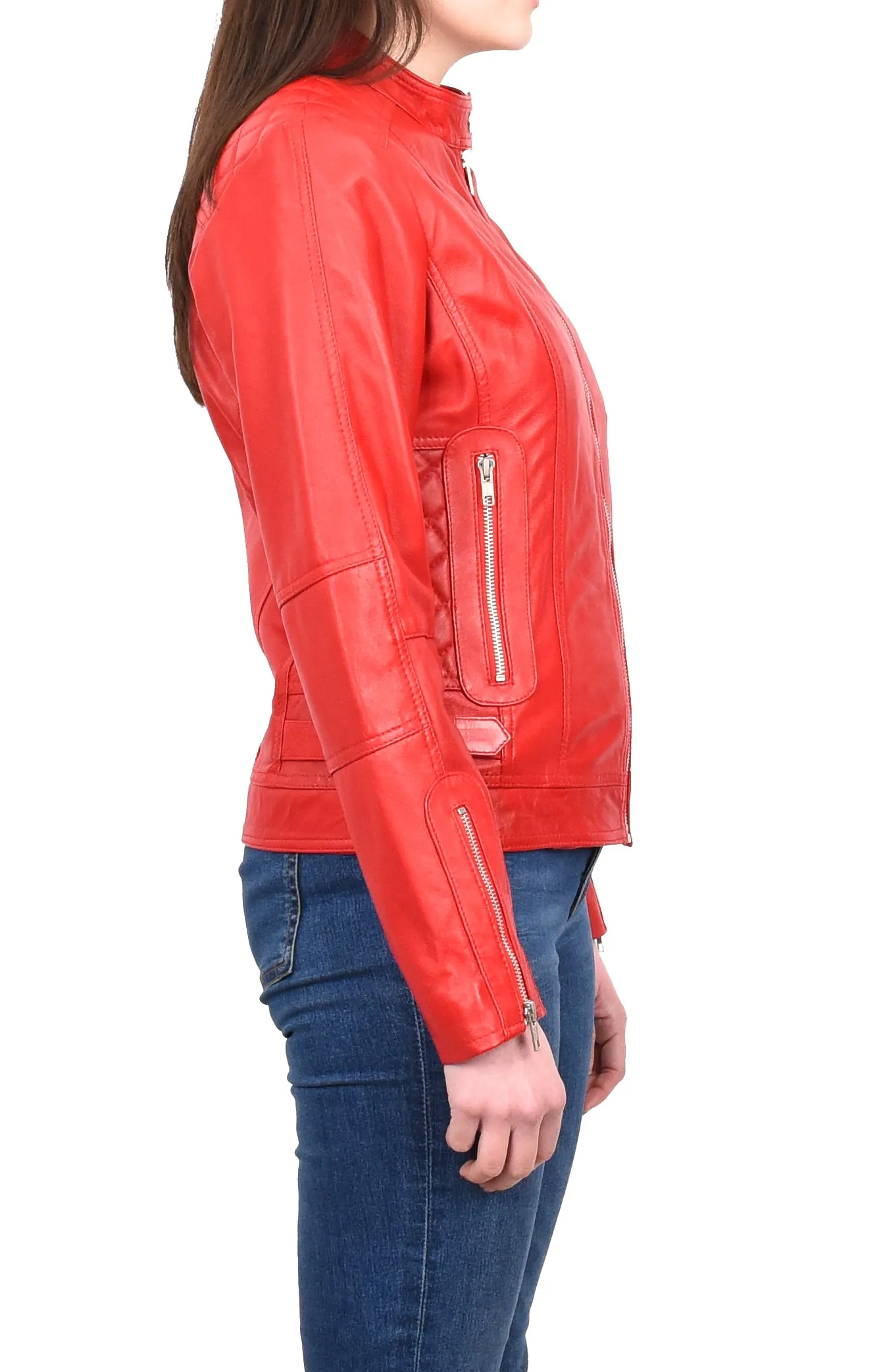 Women's Real Leather Fitted Motorbike Biker Jacket Red Ridebrave