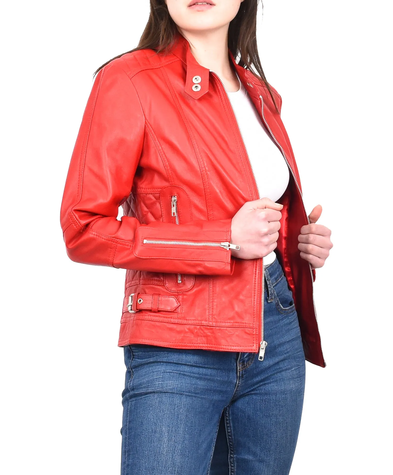 Women's Real Leather Fitted Motorbike Biker Jacket Red Ridebrave