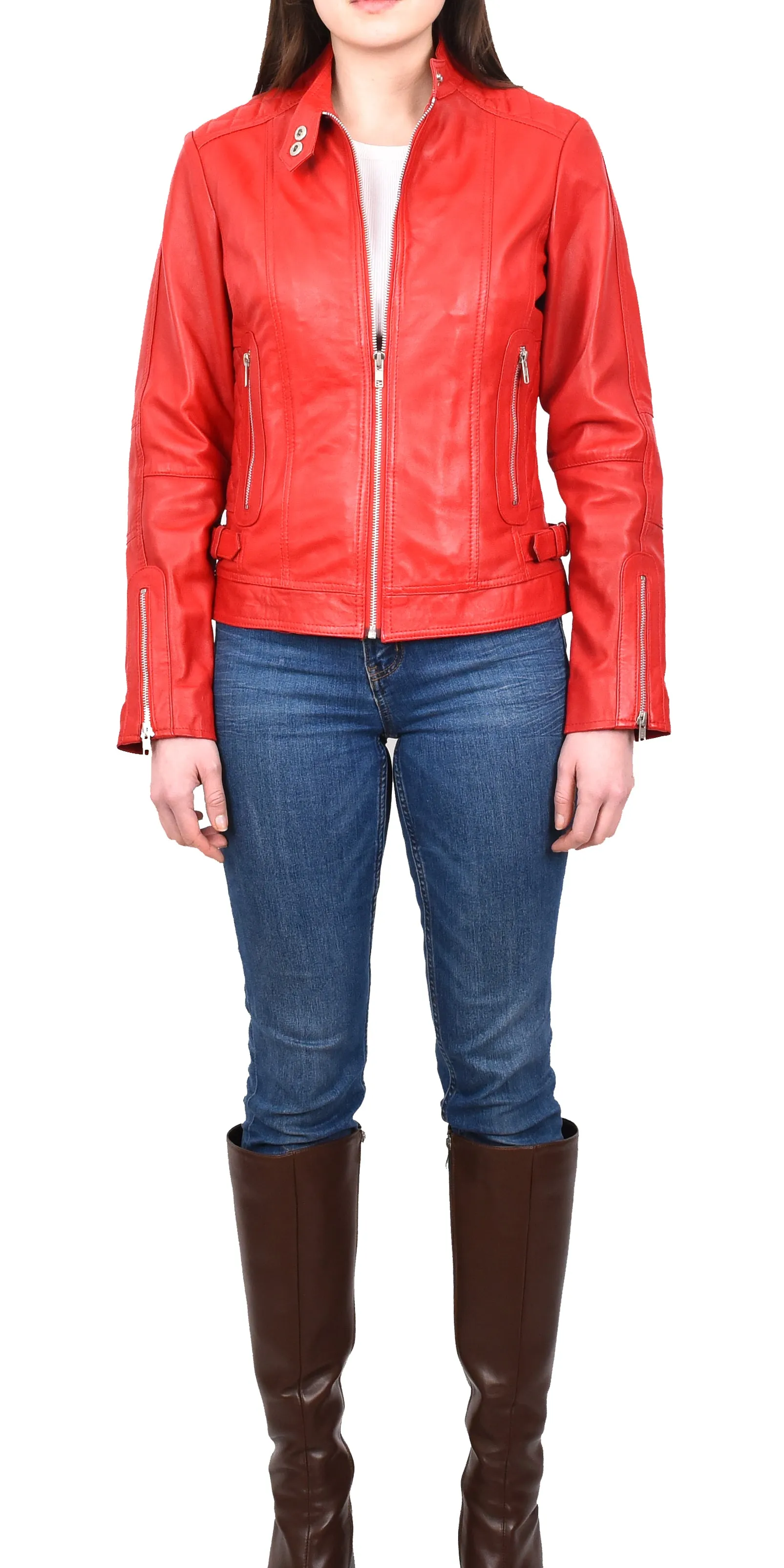 Women's Real Leather Fitted Motorbike Biker Jacket Red Ridebrave
