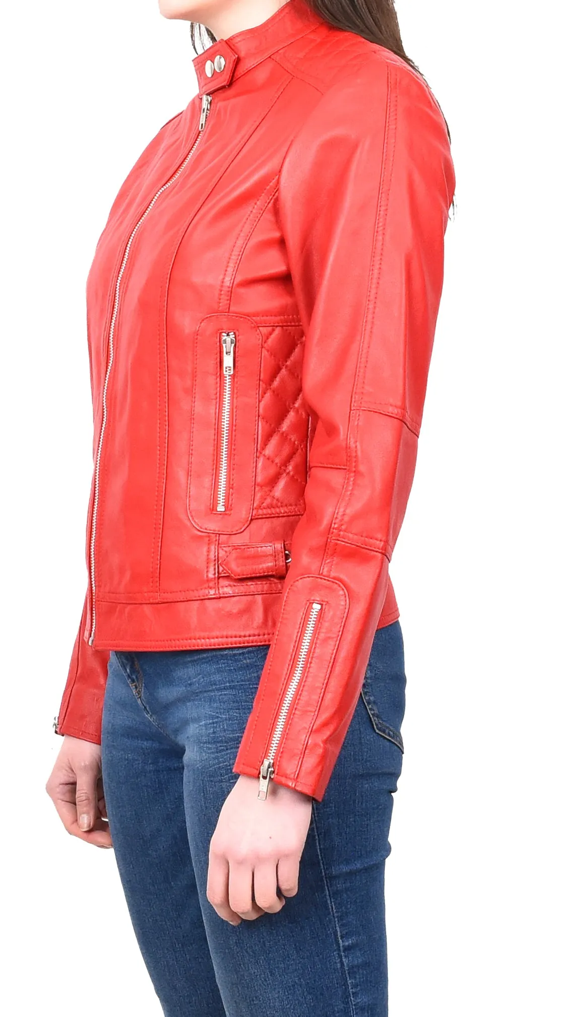 Women's Real Leather Fitted Motorbike Biker Jacket Red Ridebrave